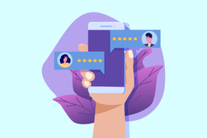 A graphic of multiple people leaving a positive review for a company to help with their online reputation.